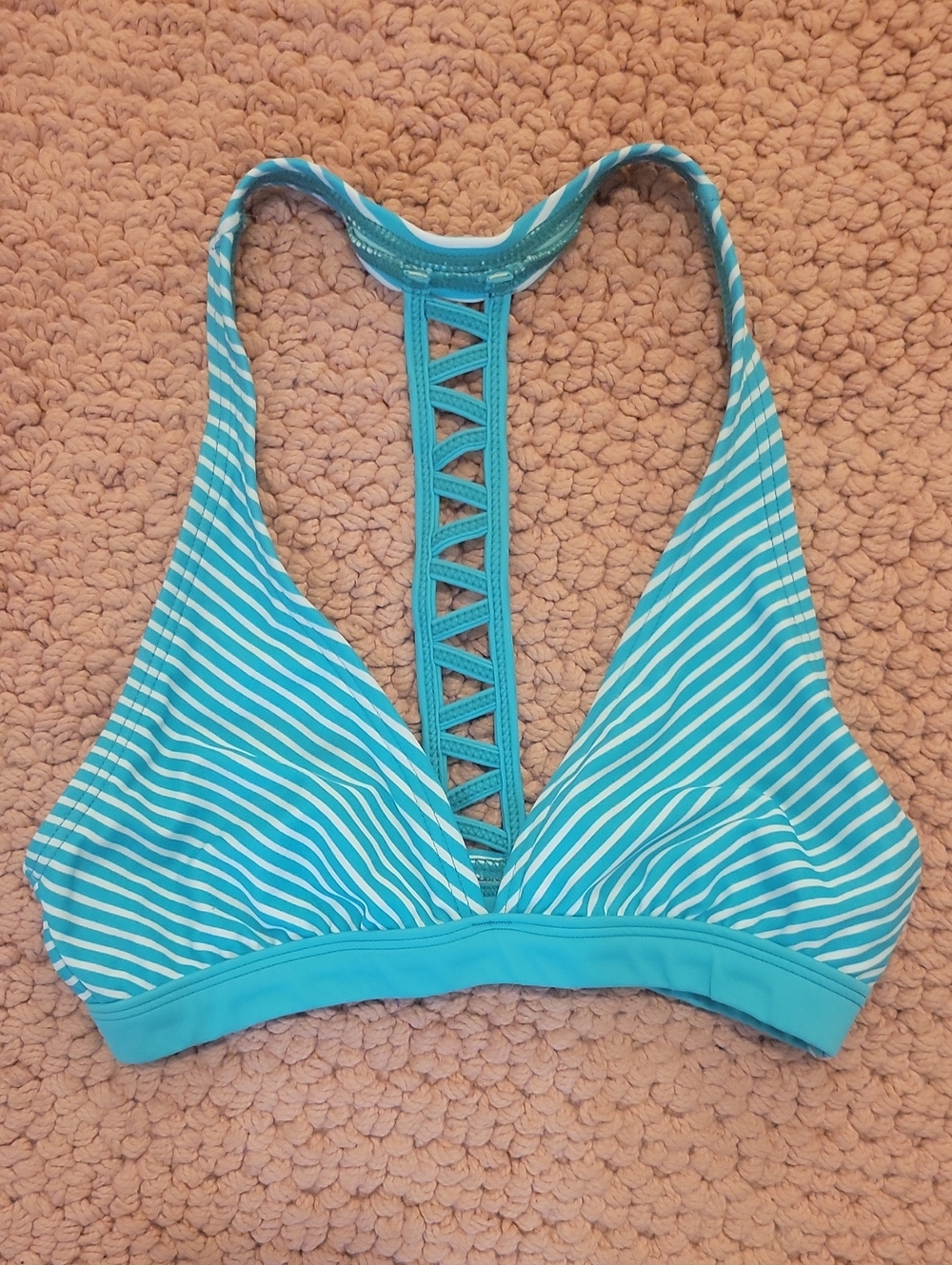 Athleta Striped Teal with Lattice Back Bikini Top Small